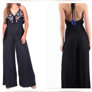 Judith March black halter neck jumpsuit with colorful embroidery Size Small